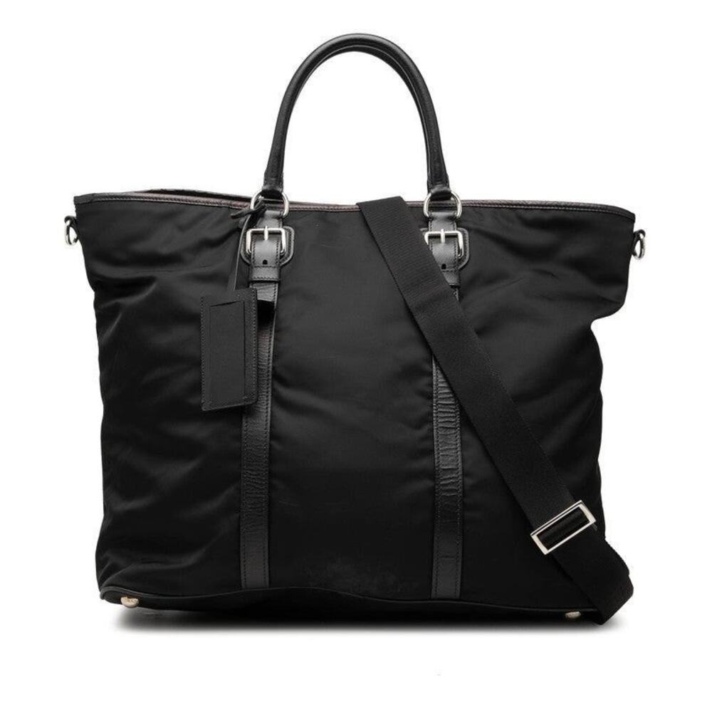 Prada Nylon Leather Triangle Logo Plate Handbag Black
